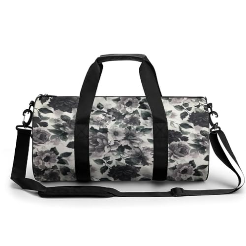 Sac de gym fleurs grises grand duffel bag de voyage 45cm pour camping et randonnée