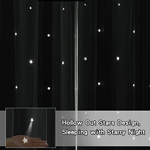 Image of Pink Blackout Curtains for Girls Room 84 Inches Long Cute Star Cutout Decor | Nursery Curtains & Drapes Double Layer Room Darkening Tulle Lace 2 Panel Kids Baby Thermal Bedroom Window Treatments Cortinas