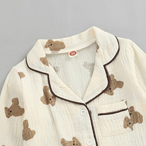 Qiylii Toddler Baby Girl Cotton Linen Button-up Pajamas Bear Print Long Sleeve Kid Sleepwear PJs Set3