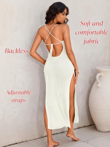 Sexy Women Swimsuit Crochet Cover Up, Knit Sleeveless Backless Spaghetti Strap Cami Maxi Dress, Beach Outfit Vacation3