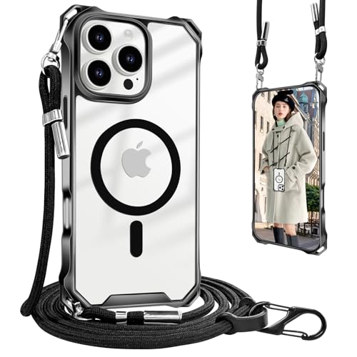 UnnFiko Handykette Schutzhülle für iPhone 16 Pro Max MagSafe handyülle mit Band,Transparent Magnetische Silikonhülle mit Verstellbarer Kette zum Umhängen,Schwarz