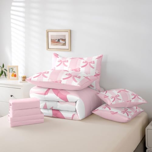 Image of Princess Bow King Size Comforter Set with Sheets | Kawaii Bow 7-Piece Bedding Set Dreamy Ribbon Bowknot Bed in a Bag, Watercolor Pink Striped Bed Sets,Cute Room Decor Aesthetic