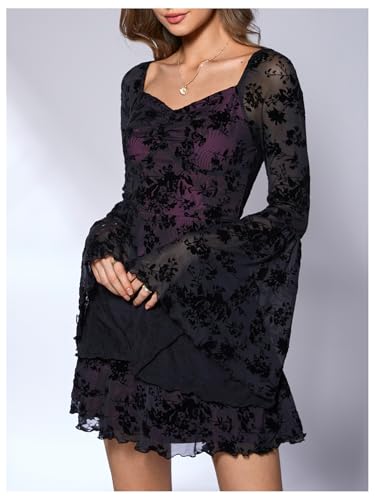 Image of WDIRARA Women's Floral Jacquard Mesh Gothic Dress Bell Long Sleeve A Line Vintage Dresses