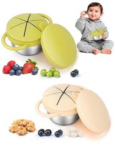 LOTBILL 2 Pack Stainless Steel Snack Cups for Toddlers Spill Proof Toddler Snack Containers with Spill-Proof Silicone Lids & Handles Dishwasher Safe Perfect for Mess-Free Snacking (Yellow+ Beige)