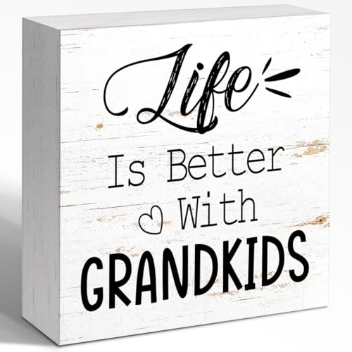 WUZYOU Funny Farmhouse Wood Box Sign Wall Decor Life Is Better With Grandkids Wood Block Sign Wall Decorate Grandparents Gift Rustic Home Office Desk Tabletop Shelf Decoration