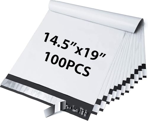 Elosh White Poly Mailers Shipping Envelopes, 14.5x19 inches, 2.5 Thickness, Waterproof, Self-Sealing, Multipurpose, Enhanced Durability (100)