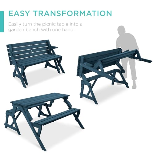 Image of Best Choice Products 2-in-1 Transforming Interchangeable Outdoor Wooden Picnic Table Garden Bench for Backyard, Porch, Patio, Deck w /Umbrella Hole - Harbor Blue