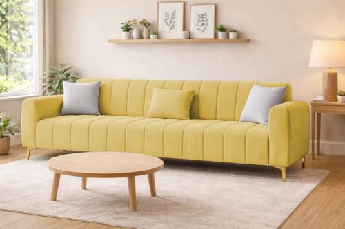 Image of Casaliving Velour Modern Velvet Sofa, Tufted Design Upholstered 3 Seater Sofa Set for Living Room, (Yellow Colour) Premium Velvet Fabric Sofa | Easy to Clean