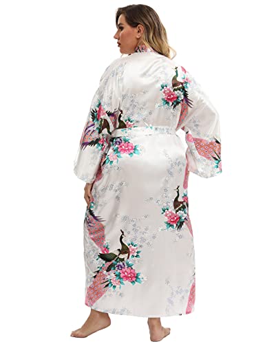 Image of Women's Floral Long Satin Robes Plus Size Long Silk Robes Peacock Floral Kimonos Sleepwear Dressing Gown