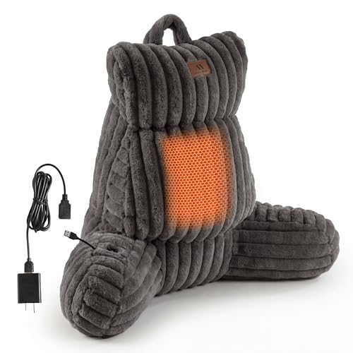 Amlie Home Heated Faux Fur Reading Pillow 3 Temperature Backrest for Sitting in Bed Support Cushion USB-Powered(No Power Bank Included) Warming (113F-131F) 3H Auto Shutoff Grey 22 Inches