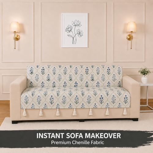 Image of STITCHNEST 'Eden Weaves Collection Series' 3 Seater Sofa Cover - Full Coverage| Elegant Woven Fabric, Decorative Tassels, Washable & Durable for Modern Living