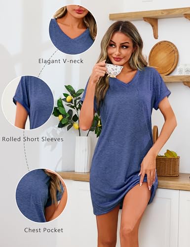 Leversic Letnie koszule nocne dla kobiet, krótki rękaw, dekolt w serek, koszulka do spania, damska bielizna nocna, koszulka do spania, 1383-ciemnoniebieski, L