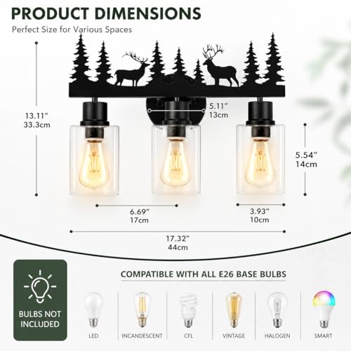 Image of Rustic Bathroom Light Fixtures, 3-Light Farmhouse Vanity Lamp with Deer Design and Clear Glass Shade, Black Wall Lighting for Bathroom, Hallway, Kitchen, Porch