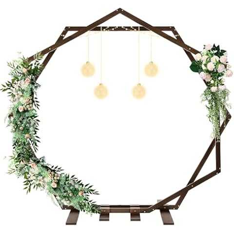 TAKEKIT Wooden Wedding Arch, 7.5FT Wedding Arbor, Heptagon and Hexagon Wood Arch for Wedding Ceremony, Wood Backdrop Stand for Garden Wedding, Birthday Party, Indoor and Outdoor, Rustic and Boho Style Cover