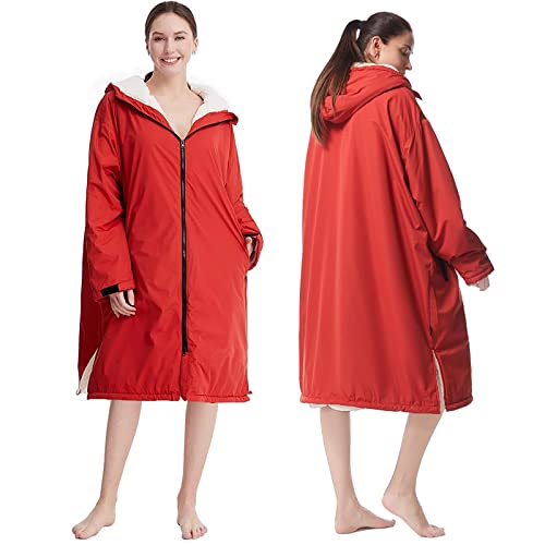 Oksun Waterproof Swim Parka, Windproof Surf Poncho Warm Coat, Recycled Fabric Water Resistent Oversized Sherpa Lining Jacket (Red)
