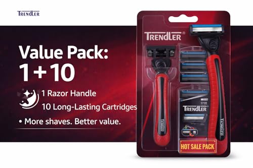 Image of Razor for Men with 3 Blade Cartridge | 1 Razor Handle + 10 Replacement Cartridges | Anti-Slip Grip Smooth Shaving Razor | Grooming Razor Value Pack