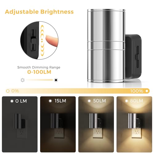 Image of L LOHAS LED Night Light, Night Lights Plug into Wall, Smooth Silver Glossy Plating Metal-Shade Nightlights, Light Sensor, Soft White 3000K, Dimmable Nightlight Plug in for Hallway Bedroom,2 Pack