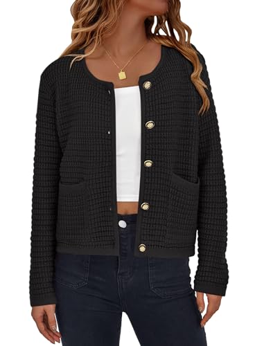 Image of Women's Button Down Cardigan Sweater Chunky Open Front Crew Neck Causal Long Sleeve Knit Outwear with Pockets