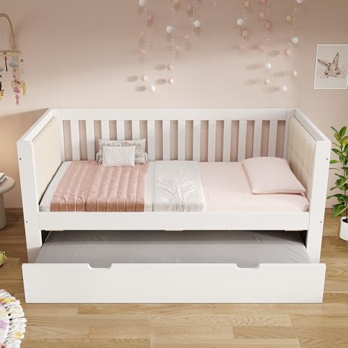DACHETOU Cama de día 90 x 200 cm con cama nido de 90 x 190 cm, diseño que ahorra espacio, madera blanca, ideal para pequeños apartamentos o habitaciones de invitados, somier de listones, fácil montaje