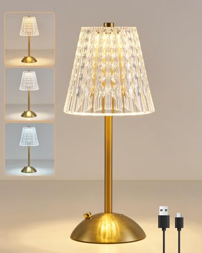 HARPER LIVING Lampe de table LED rechargeable à piles, intensité variable et 3 couleurs, finition or poli, lampes tactiles sans fil pour chambre à coucher, salon, bar, restaurant
