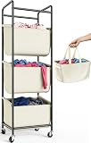 3 Section Laundry Sorter with Removable Bags, 120L Rolling Vertical Laundry Hamper, Stackable Laundry Baskets organizer for Bathroom, Apartment, Dorm (Beige, With Wheel)