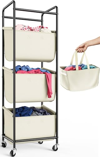 3 Section Laundry Sorter with Removable Bags, 120L Rolling Vertical