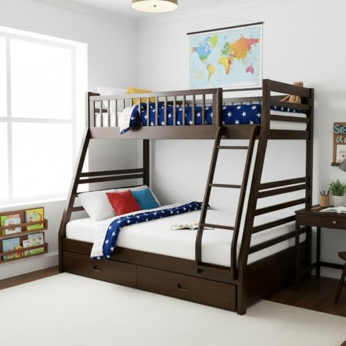 Image of APRODZ Solid Wood Elvira Dark Walnut Twin Over Queen Size Bunk Bed with Storage