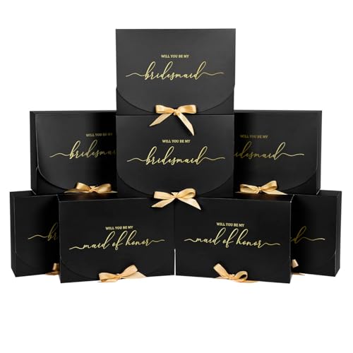 Ssyuysto 8PCS Bridesmaid Proposal Box with Ribbon Black Wedding Proposal Boxes with Gold Bow Tie Closure Bridesmaid Maid of Honor with Gold Foil Bridal Shower Wedding Party Invitation Packaging