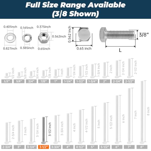 Image of 6 Sets Glvaner 3 /8-16 x 3-1 /2 inch Stainless Steel Hex Head Screws Bolts, Nuts, Flat & Lock Washers, 18-8 (304) Stainless Steel, Full Thread, Coarse Thread