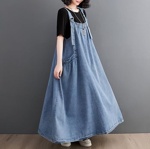 Image of Women's Casual Loose Denim Dress Sleeveless Adjustable Straps Denim Jumper Dress with Pockets