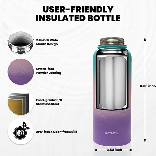 Image of RAYMYLO Insulated Water Bottle 32 oz, Triple Wall Vacuum Stainless Steel (Cold for 24Hrs, Hot for 12Hrs), Leak Proof & Non-BPA, Modern Water Flask Jug with Paracord Handle & Straw Spout Lids