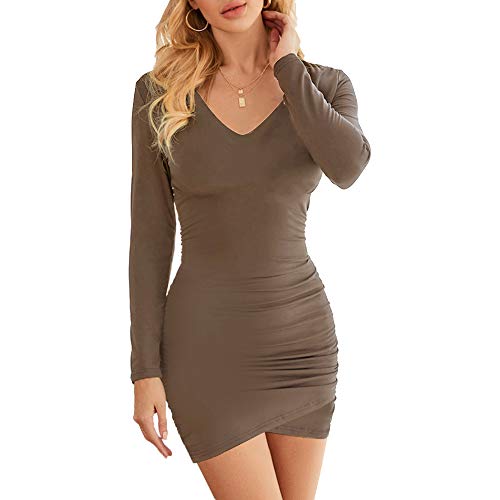 MODECRUSH Women Short Dresses Long Sleeve,Fashion Ruched Elegant Bodycon Wrap Front Solid Color Casual Irregular Hem Basic Fitted Dress for Women Khaki XL