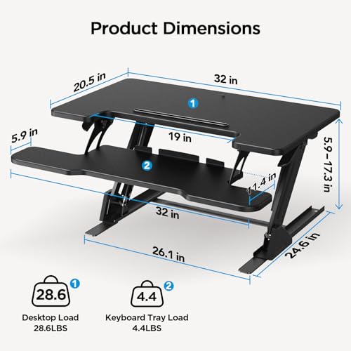 Image of HUANUO 32 inch Z Shaped Standing Desk Converter with Wide Keyboard Tray, Black | Instant Sit-Stand Convert,Fits Dual Monitors,Dual Gas Spring Lifter,Wobble-Free Z-Steel,Quick Keyboard Install