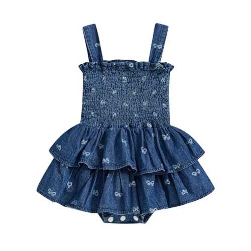 Baby Girls Denim Romper Dress Straps Sleeveless Bow Print Pleated Ruched Cake Smash Layered Skirt