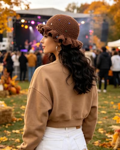 Image of Women Crochet Bucket Hat Cute Winter Ruffled Brim Floppy Cap Handmade Knit Cloche Hats