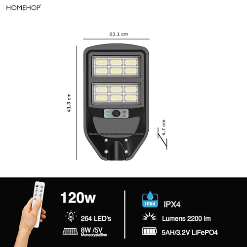 Image of Homehop Solar Light Outdoor Home Garden 120W Street Wireless Motion Sensor | Solar Street Light Outdoor Waterproof Automatic Wall Lamp for Yard, Pathway, Patio, Road with Pole (5000mAh, Cool Light, ABS)