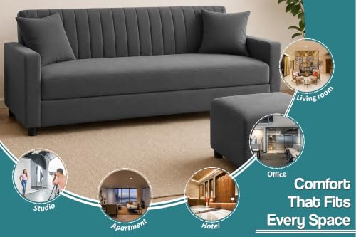 Image of 3 Seater Wooden Sofa Set with Ottoman for Living Room | Premium Velvet Fabric Wooden Frame | Modern Design | Comfortable Cushioned Sofafor Home, Office & Lounge | Grey