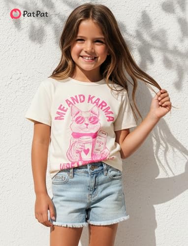 Image of PATPAT Girls Crewneck Short Sleeve Graphic Tees Animal Print Shirts Cute Summer Outfits 5-12 Years