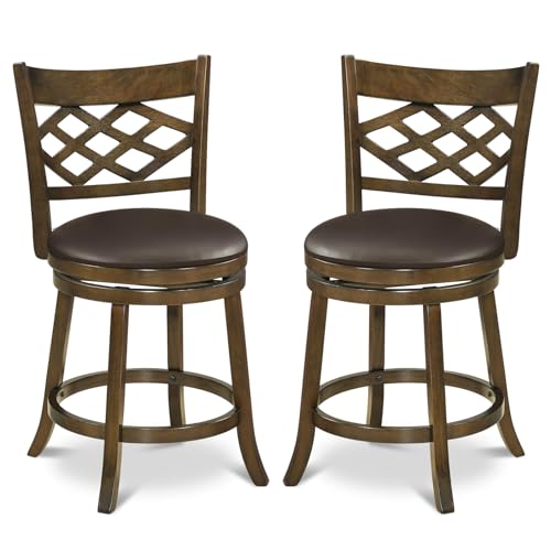 Butacos giratorios Giantex, set de 2 unidades, altura de barra 26 pulgadas, con estructura de madera de caucho, asiento tapizado y reposapiés, estilo mid-century para isla de cocina, café o pub, color marrón miniatura 1