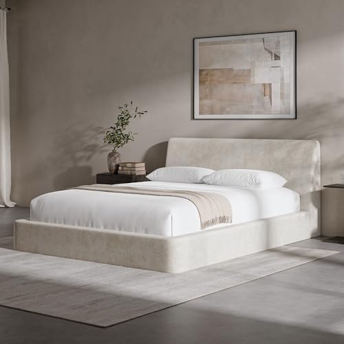 Image of RECCI AirFrame Queen Bed Frame with Ergonomic Angled Foam Cushioned Headboard, Minimalist Design Platform Bed Frame, No Box Spring Needed, Easy Assembly (Beige Chenille)
