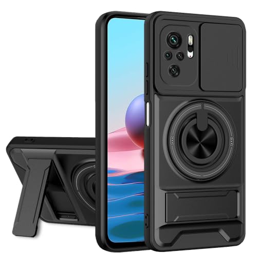 Image of AESTMO Redmi Note 10 Back Cover | Armor Camera Slider 360 Degree Rotating Finger Ring Holder Case with Bracket Stand Back Case Cover (Compatible with MagSafe Accessories) (Black)