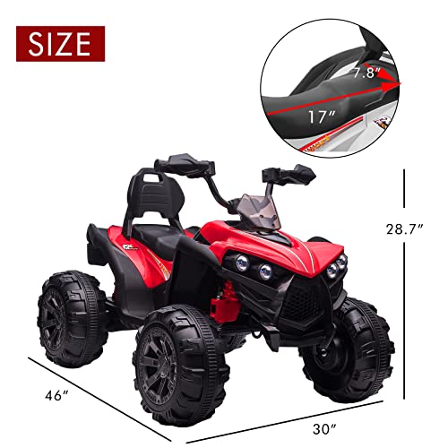 OTTARO Ride on ATV 2 Seater, 12V 4 Wheeler Electric Quad for Kids 3-8 w/ 17\" Length Seat, LED Lights, 2 Speeds, Soft Braking, Rear Pedal & Backrest (Red)
