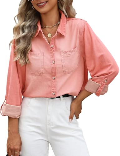 CMTOP Damen Jeanshemd Button Down Jeansbluse Langarmshirt Elegant V-Ausschnitt Jeansjacke Lässig Oberteile Hemdbluse Langarm Locker Tuniken mit Brusttaschen (Rose Pink, S) CMTOP Damen Jeanshemd Button Down Jeansbluse Langarmshirt Elegant V-Ausschnitt Jeansjacke Lässig Oberteile Hemdbluse Langarm Locker Tuniken mit Brusttaschen (Rose Pink, S)