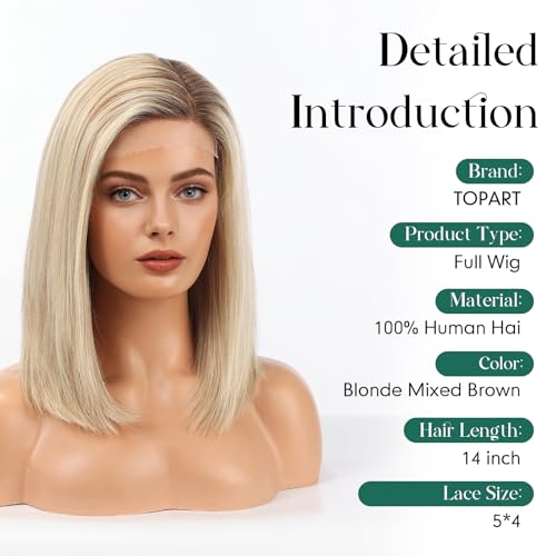 Image of Ombre Mixed Blonde Wig Human Hair Pre Plucked Straight Short Bob Wigs 5x6 UHD Lace Front Wigs Remy Real Human Hair for Women 14Inch