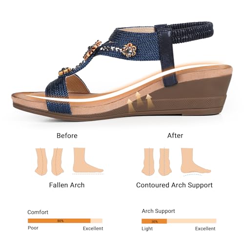 Image of Wedge Sandals for Women Dressy, Woman's Sandal Comfortable Low Wedges Heels Ankle Elastic Strap Sandles with Flower Rhinestones