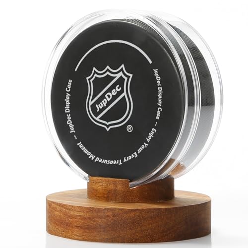 Image of JupDec Hockey Puck Display Case Acrylic Clear Holder with Wood Base, Autograph Souvenir Display Stand, Perfect Showcase for Your Collection, Brown, 1 Pack