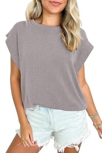 Ribbed Knit Cap Sleeve Top, Crew Neck, Gray