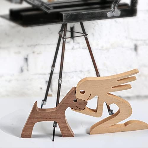 Pipihome Family Puppy Cat Wooden Carving Ornaments, Natural Solid Wood Cute Puppy, Kitty and People Crafts Statue Sculpture Ornament Home Decor, Pet Lover Creative Gifts (Woman Kiss Puppy)