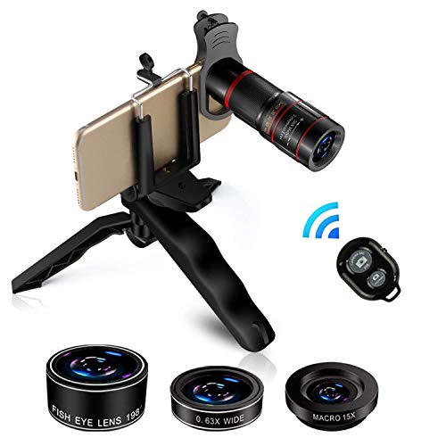 ABREOME 5 en 1 teléfono Lente Kit con Objetivo Ojo de pez, 20 x Zoom Tele Lente, Objetivo Macro, Gran Angular, Wireless Shutter & Teléfono trípode para iPhone, Samsung, la mayoría de Smartphones