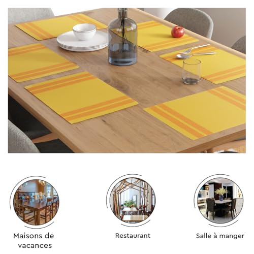 Image of Encasa XO Dining Table Mats Set of 6, Ribbed Cotton Table Mat 46x32 cm | Handmade Heat Resistance Table Placemats, Non Slip, Washable & Durable Place Mat for Centre Table, Living Room Ladder Lemon